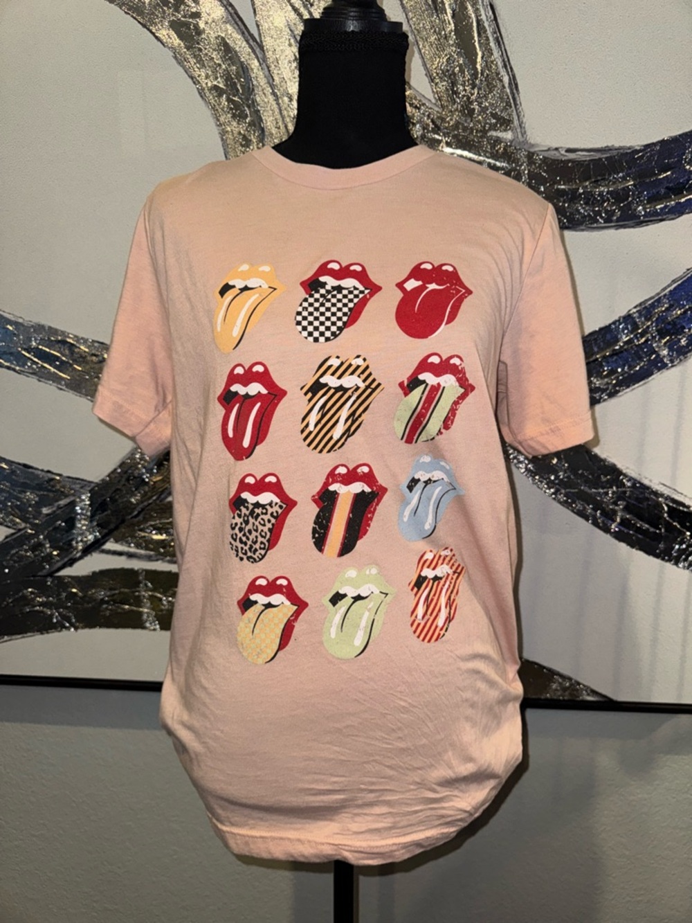 Bella Canvas Pink Graphic Rolling Stones Tongue Multi-Print Tee